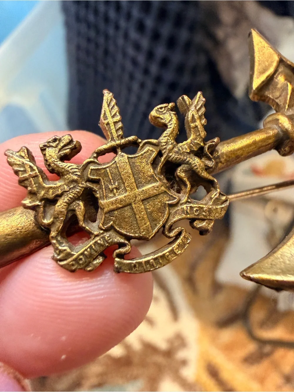 Vintage Coro Heraldic Battle Axe Brooch Pin Medieval Coat of Arms Gold Tone